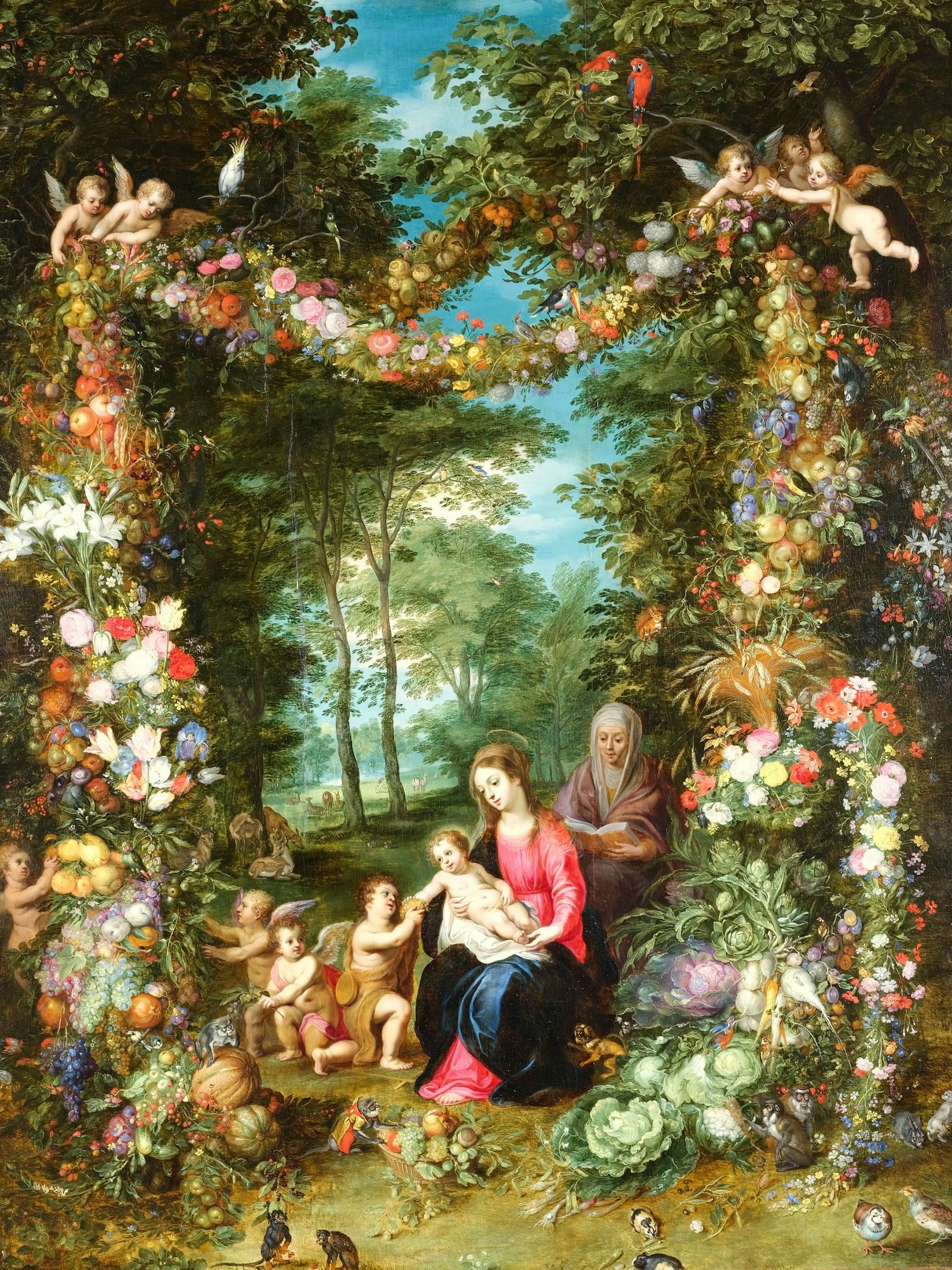 Maria sitzt mit dem Jesuskind unter einem bunten Blumenbogen, überall sind niedliche Tiere zu sehen.