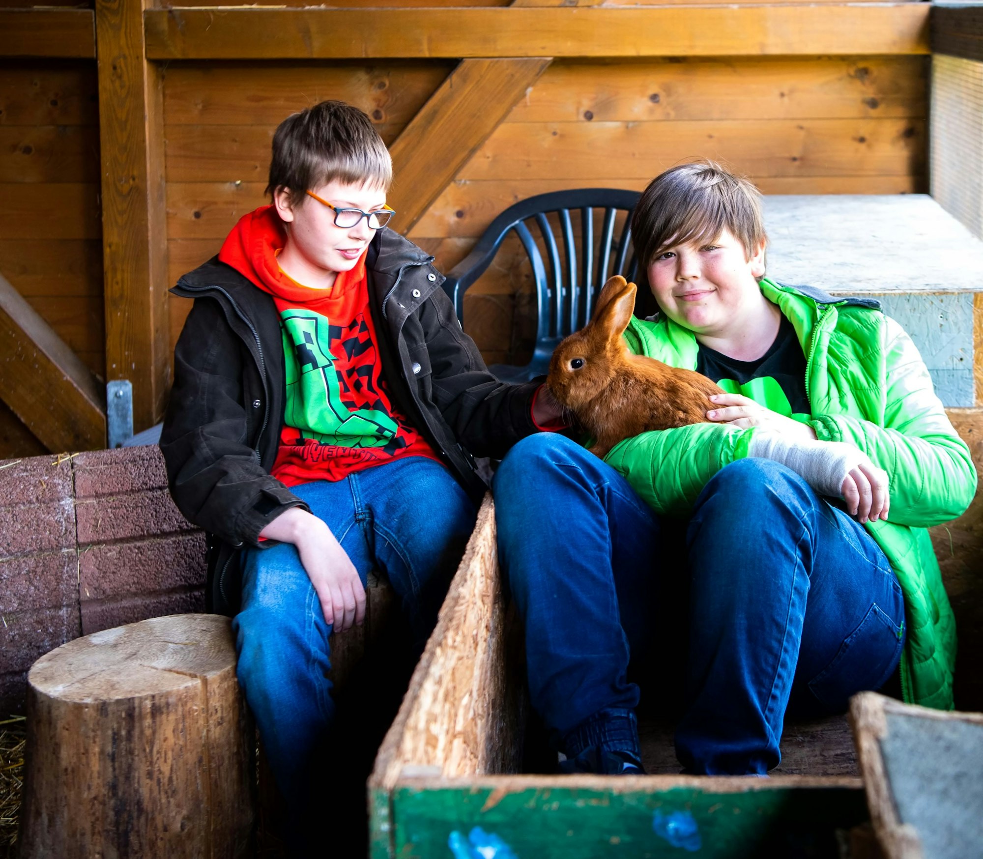 Zwei Jungen streicheln einen Hasen, den einer der Kinder auf dem Arm hat.