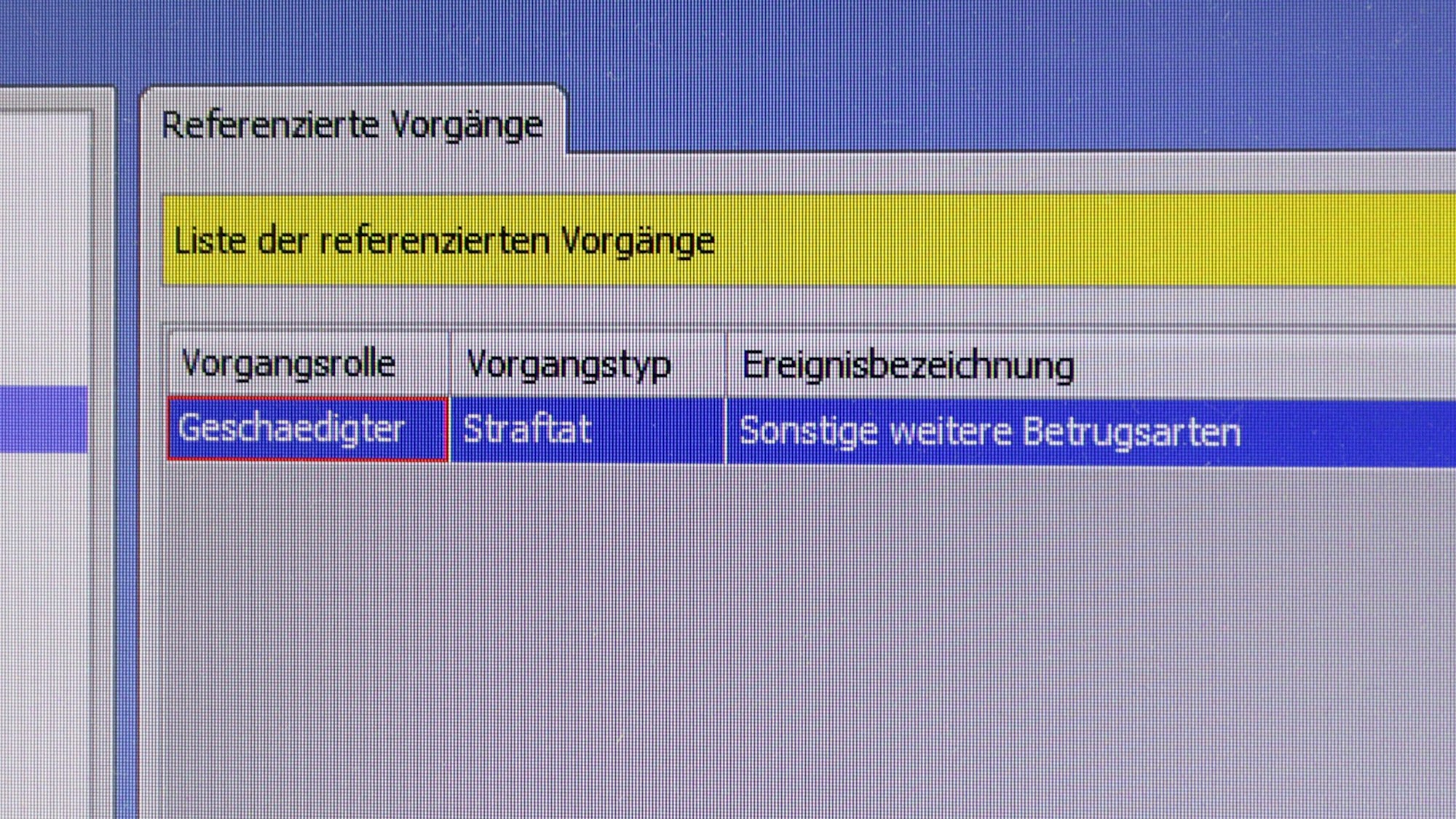 Screenshot des PC-Bildschirms mit dem Hinweis, dass schon einmal eine Strafanzeige wegen eines Betruges erstattet worden ist.