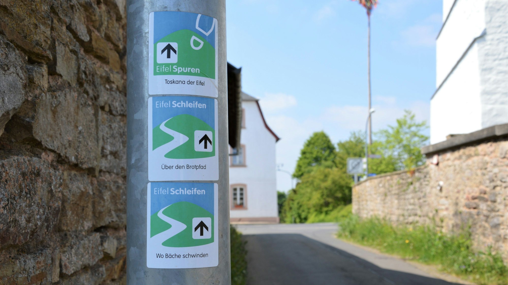 An einer schmalen Straße ist ein Metallpfosten zu sehen, an dem drei blau-weiß-grüne Markierungsschilder auf verschiedene Wanderwege hinweisen.