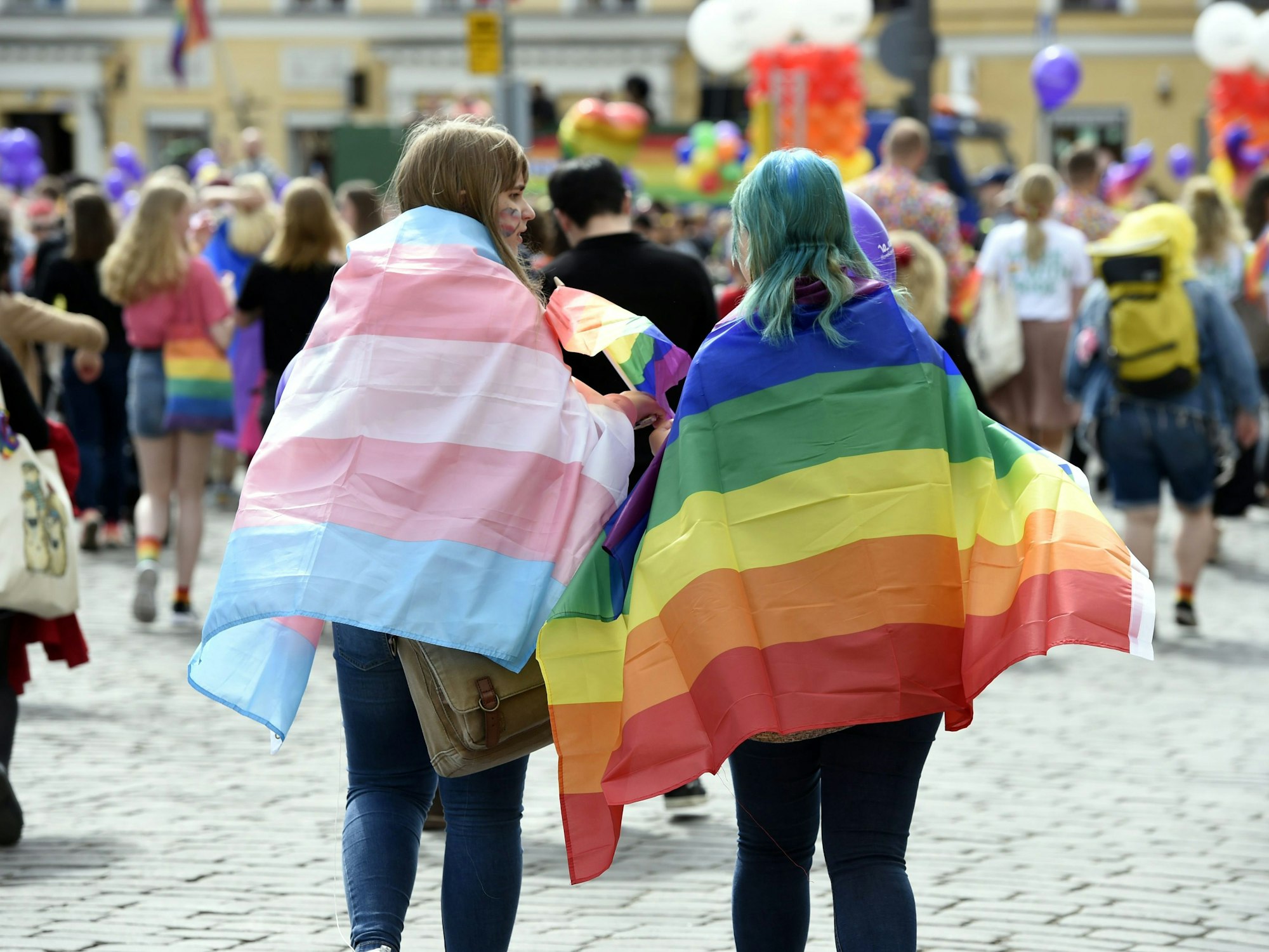 Zwei Personen mit einer Regenbogenflagge und einer Trans*-Flagge auf einer Parade.