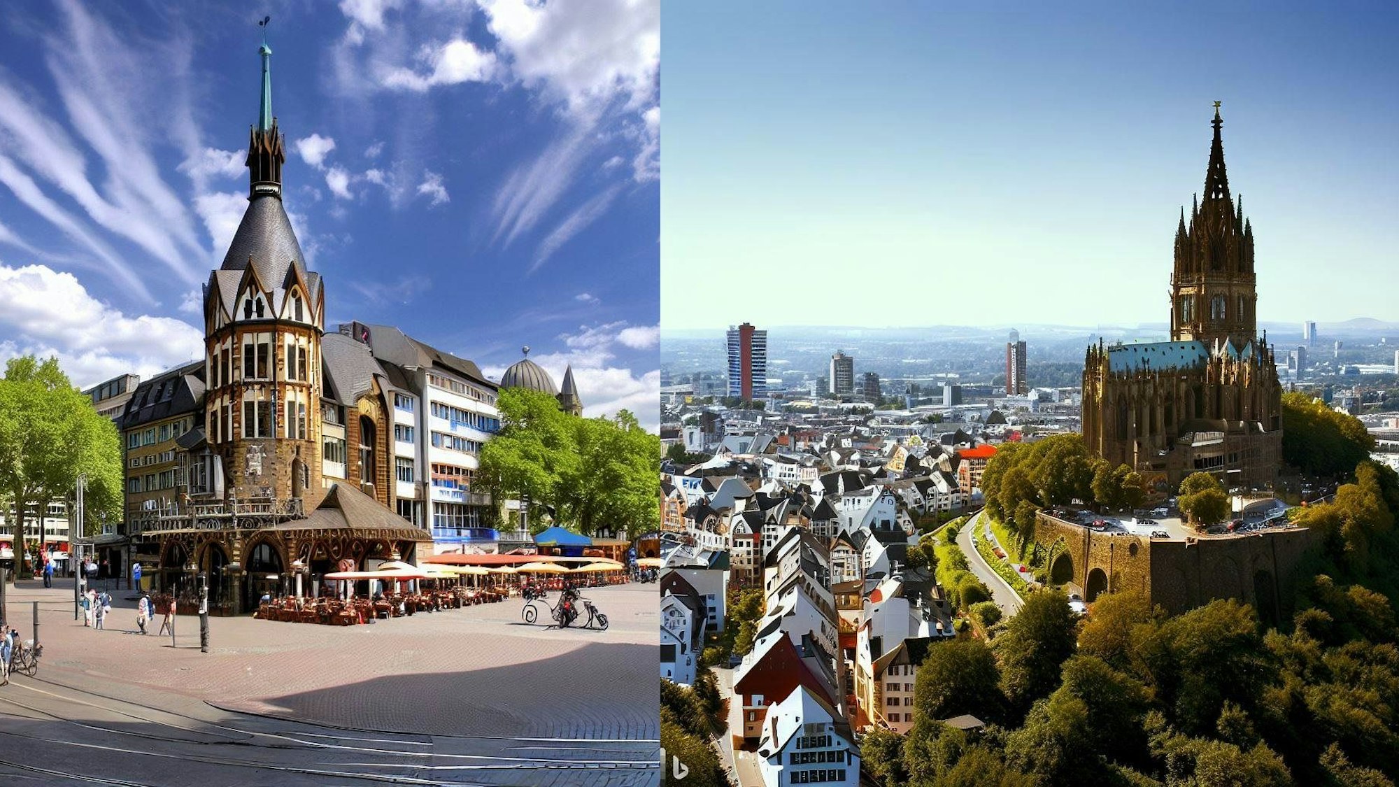 Zwei KI-generierte Fotos von Kölner Orten. Eines zeigt den Ebertplatz, wie der Bing Image Creator ihn sich vorstellt.