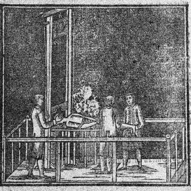 Die Holzschnitte zeigen die Enthauptung von Mathias Weber und ein Porträt des Räuberhauptmanns.&nbsp;Sie befinden sich auf einem Druck zum Termin der Hinrichtung.