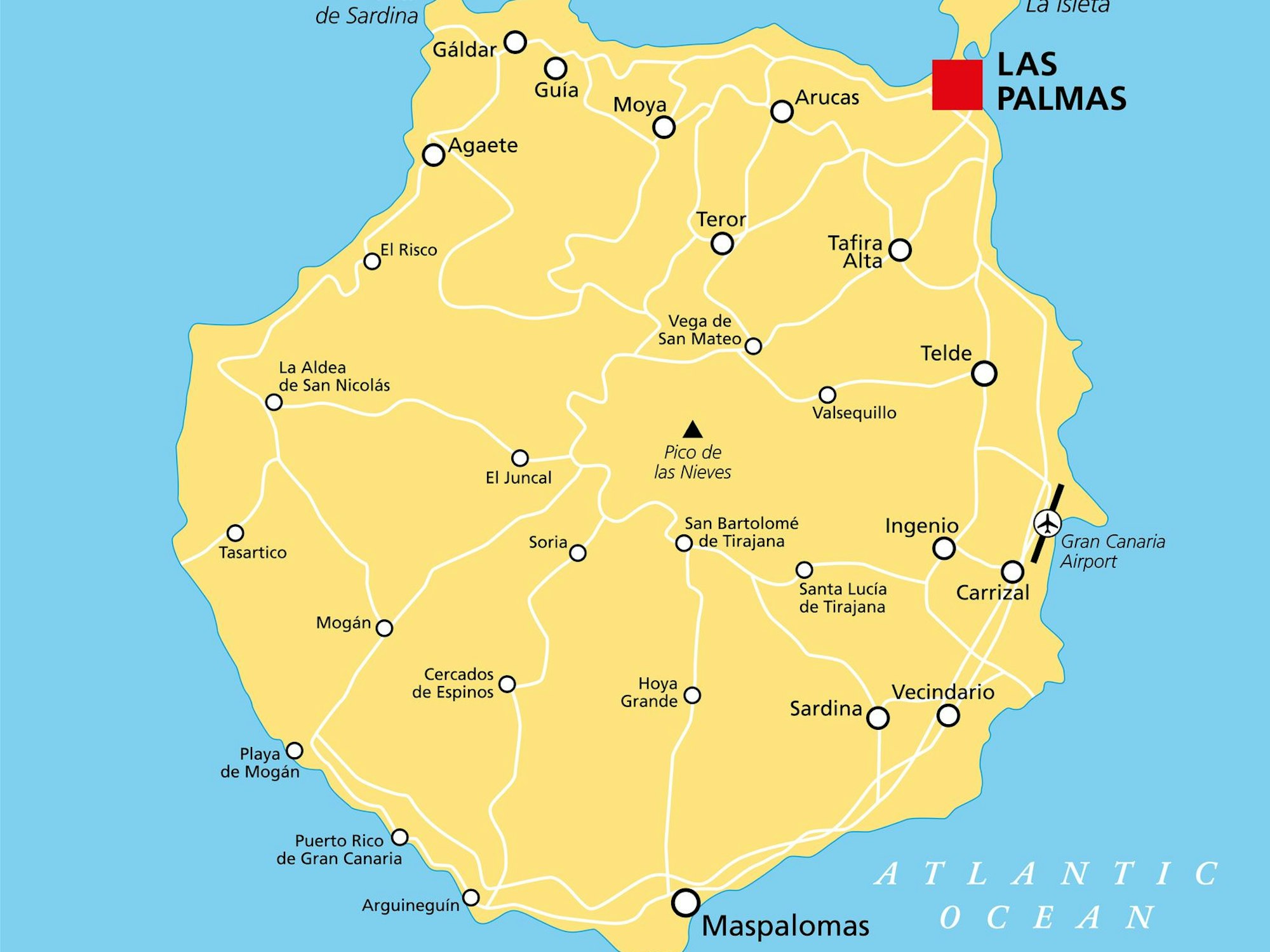 Karte von Gran Canaria mit ihrer Hauptstadt Las Palmas und anderen wichtigen Städten.