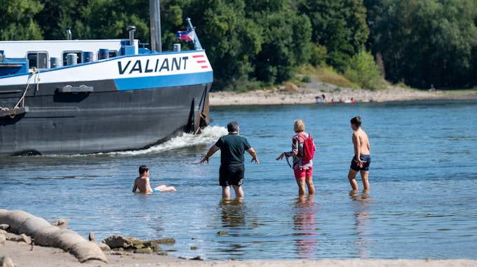 Am Rodenkirchener Strand baden vier Menschen im Rhein. Im Hintergrund fährt ein Schiff durch den Fluss.