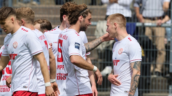 1.FC Köln U23 vs. Fortuna Köln, Regionalliga West, Saison 2022/23, rechts: Torschütze Angelo Langer (Fortuna), 06.05.2023, Bild: Herbert Bucco
 





