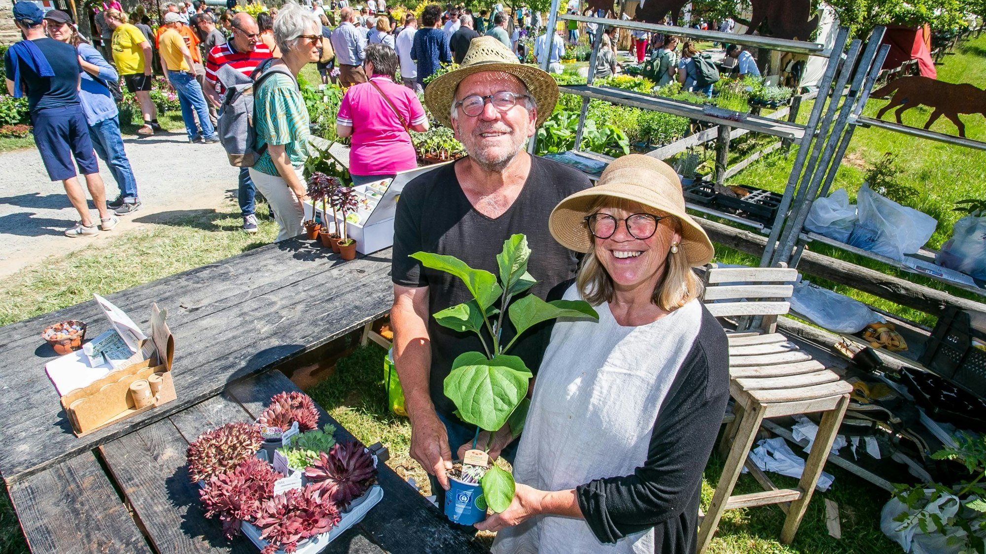 Ein Mann und eine Frau mit Hüten zeigen fröhlich eine Topfpflanze an einem Stand.