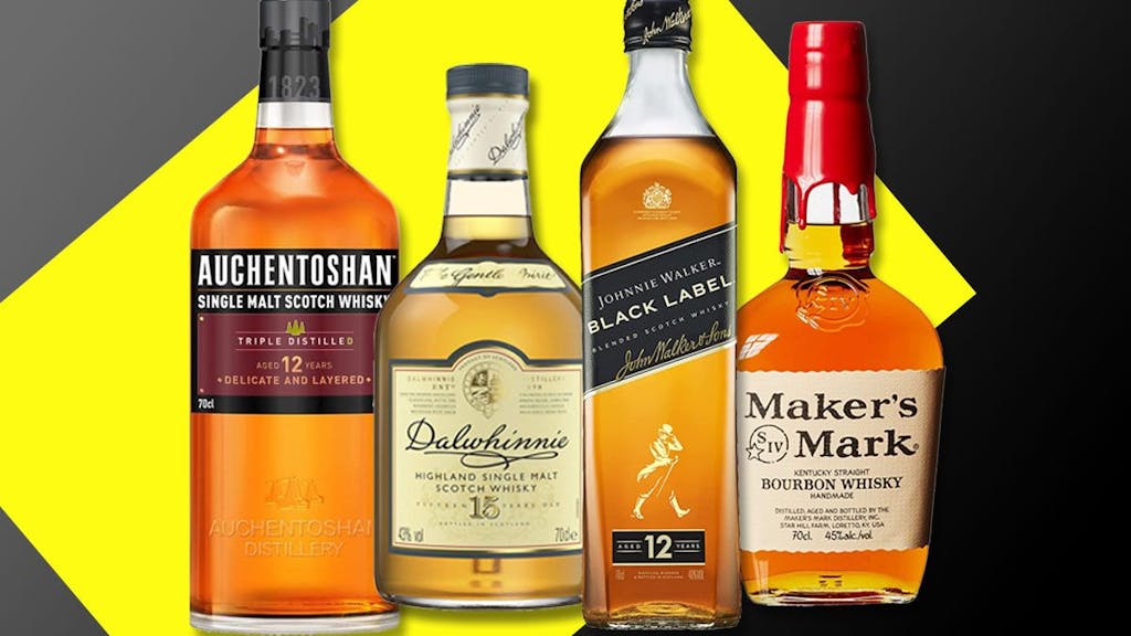 Whisky der Marken Auchentoshan, Dalwhinnie, Johnnie Walker und Maker's Mark.