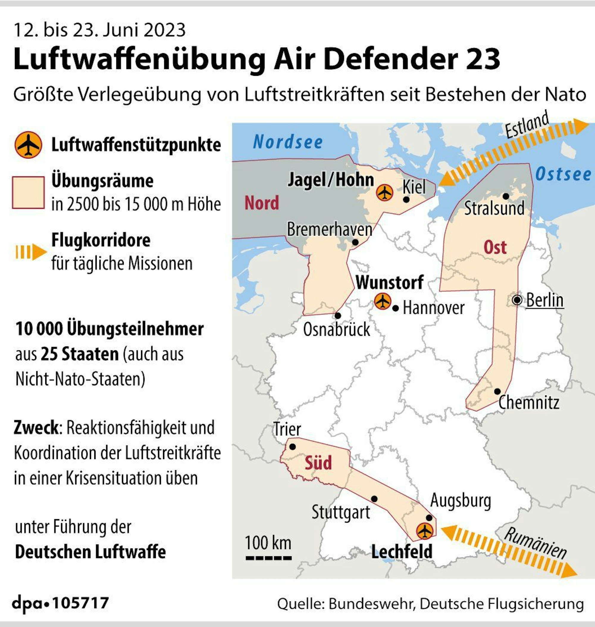 Karte, die anzeigt, wo der deutsche Luftraum gesperrt wird