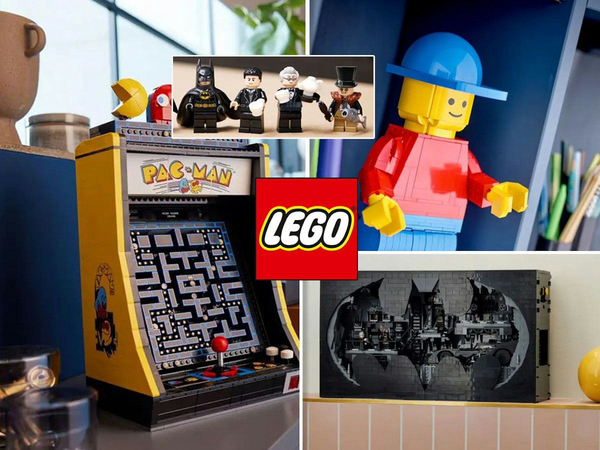 Marketing-Bilder der Lego-Neuheiten PAC-MAN Spielautomat (10323), Bathöhle Schaukasten (76252), große Lego Minifigur (40649).