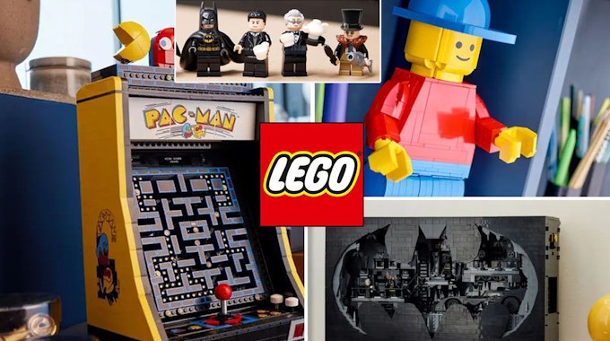 Marketing-Bilder der Lego-Neuheiten PAC-MAN Spielautomat (10323), Bathöhle Schaukasten (76252), große Lego Minifigur (40649).