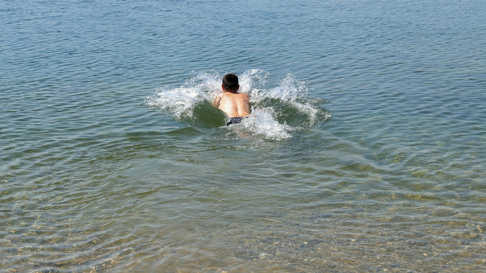 Ein Schwimmer springt in den Pescher See.