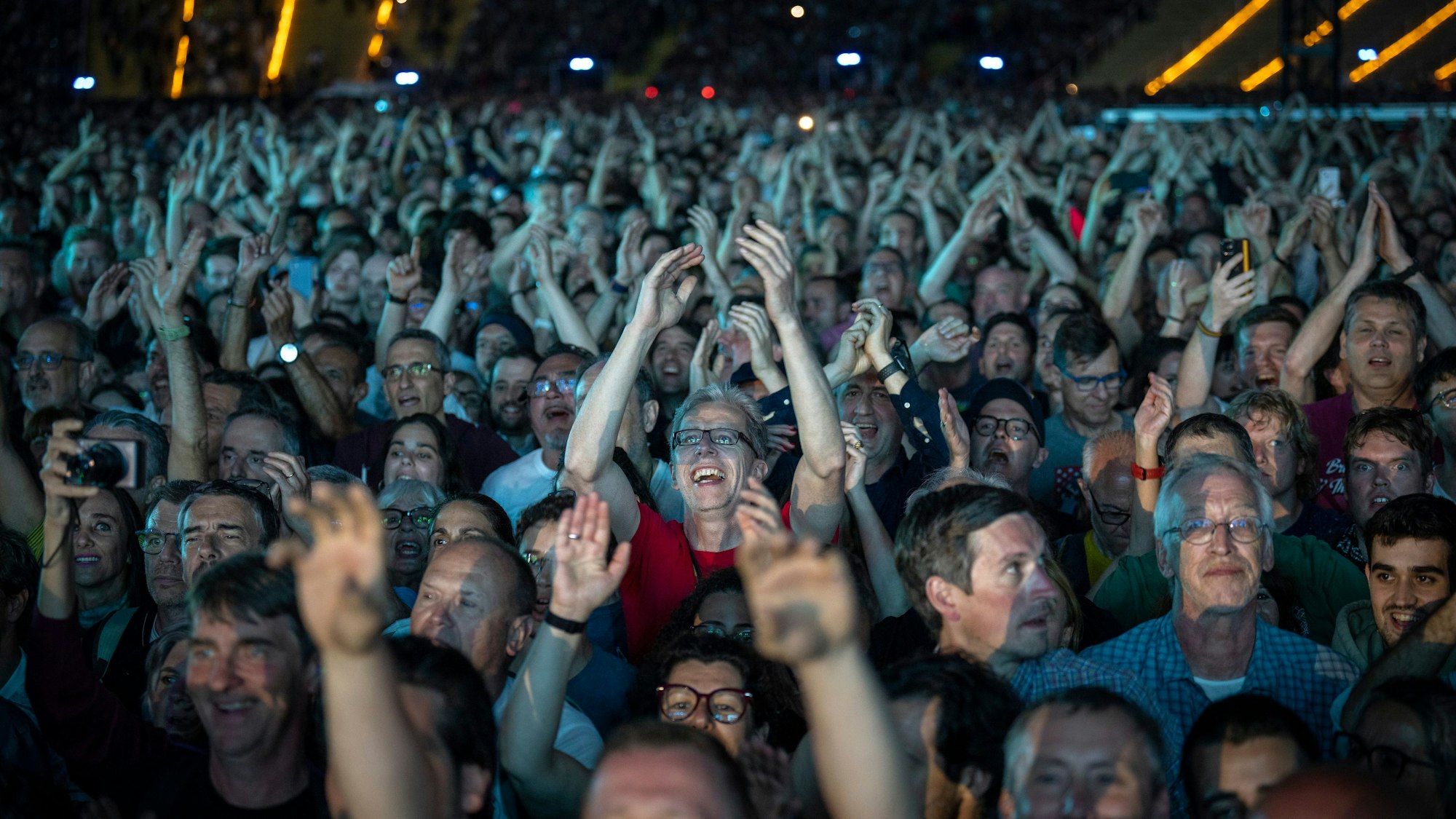 Das Bild zeigt eine Menge feiernder Fans bei einem Musikkonzert.