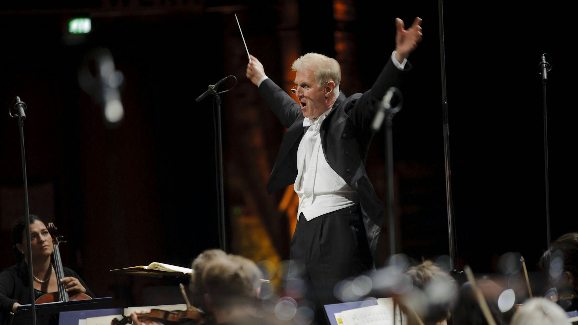 Der Dirigent hat die Hände hoch erhoben, vor sich sein Orchester. Er trägt einen Frack.