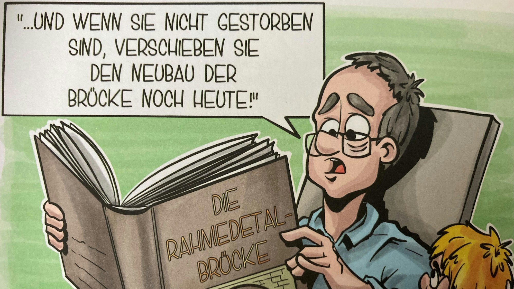 Karikatur aus Broschüre der SPD: Ein Mann liest aus einme dicken Märchenbuch mit dem Titel "Die Rahmedetalbrücke" vor und sagt: "Und wenn sie nicht gestorben sind, verschieben sie den Neubau der Brücke noch heute."