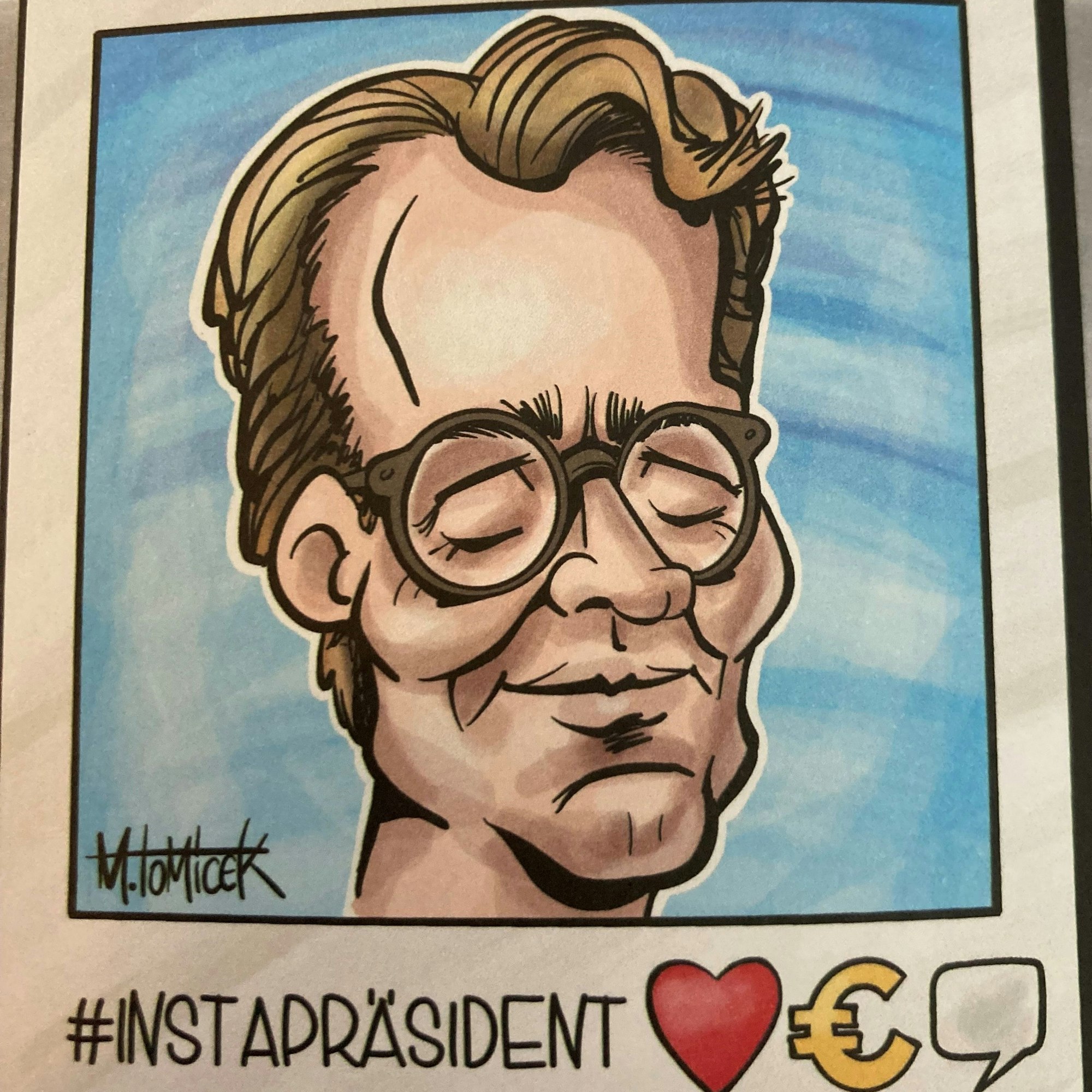 Motiv aus einer Broschüre der SPD: Hendrik Wüst, NRW-Ministerpräsident, ist als Karikatur gezeichnet. Darunter steht Hashtag/Instapräsident.