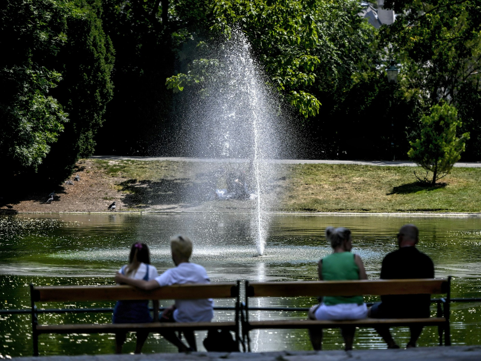 Menschen sitzen im Schatten auf einer Parkbank im Wiener Stadtpark