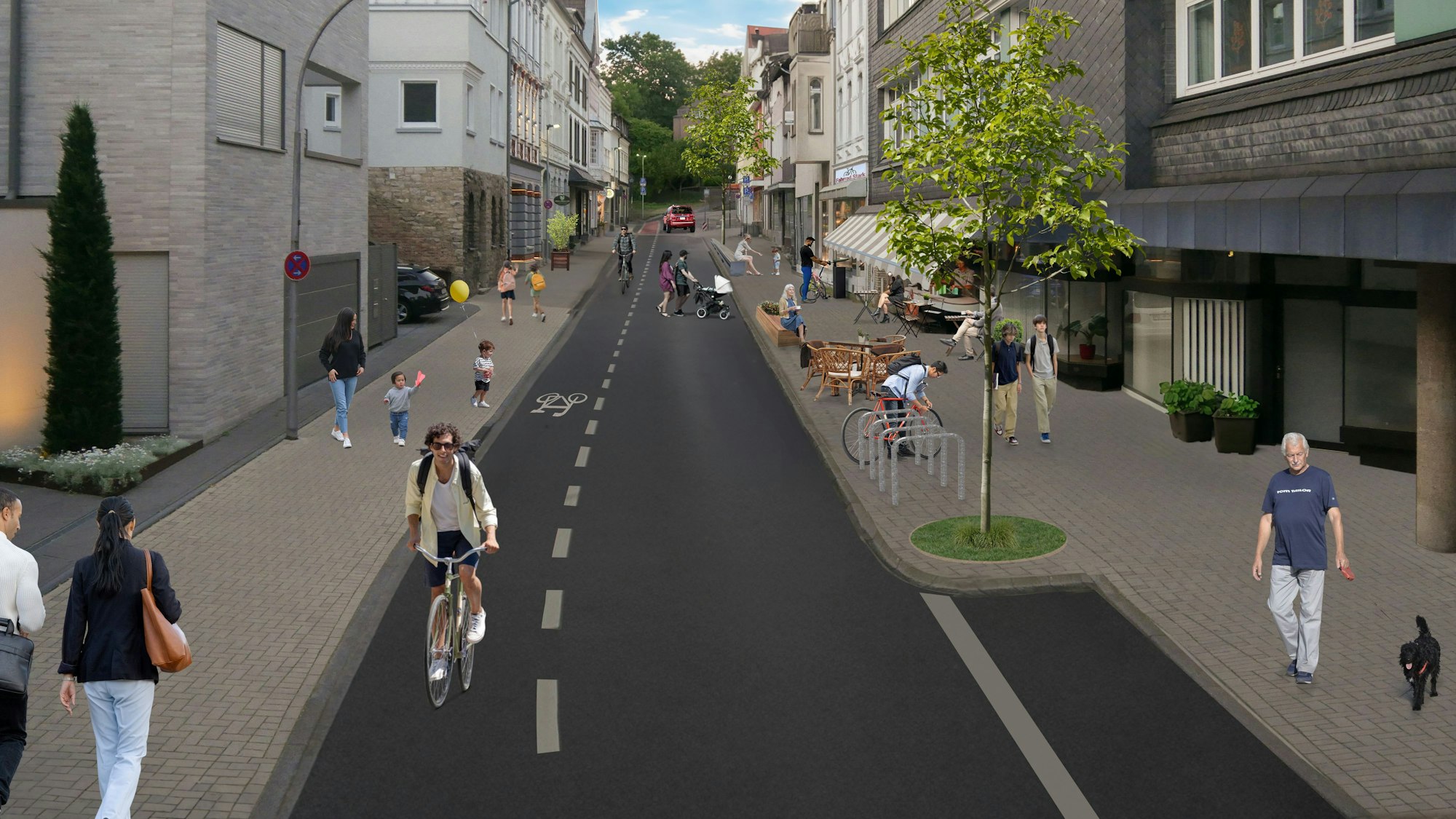 Der computeranimierte Entwurf zeigt breite Fußgängerwege mit Fahrradbügeln, Sitzgelegenheiten und Bäumen. Auf einer Fahrradspur sind zwei Radfahrer unterwegs.