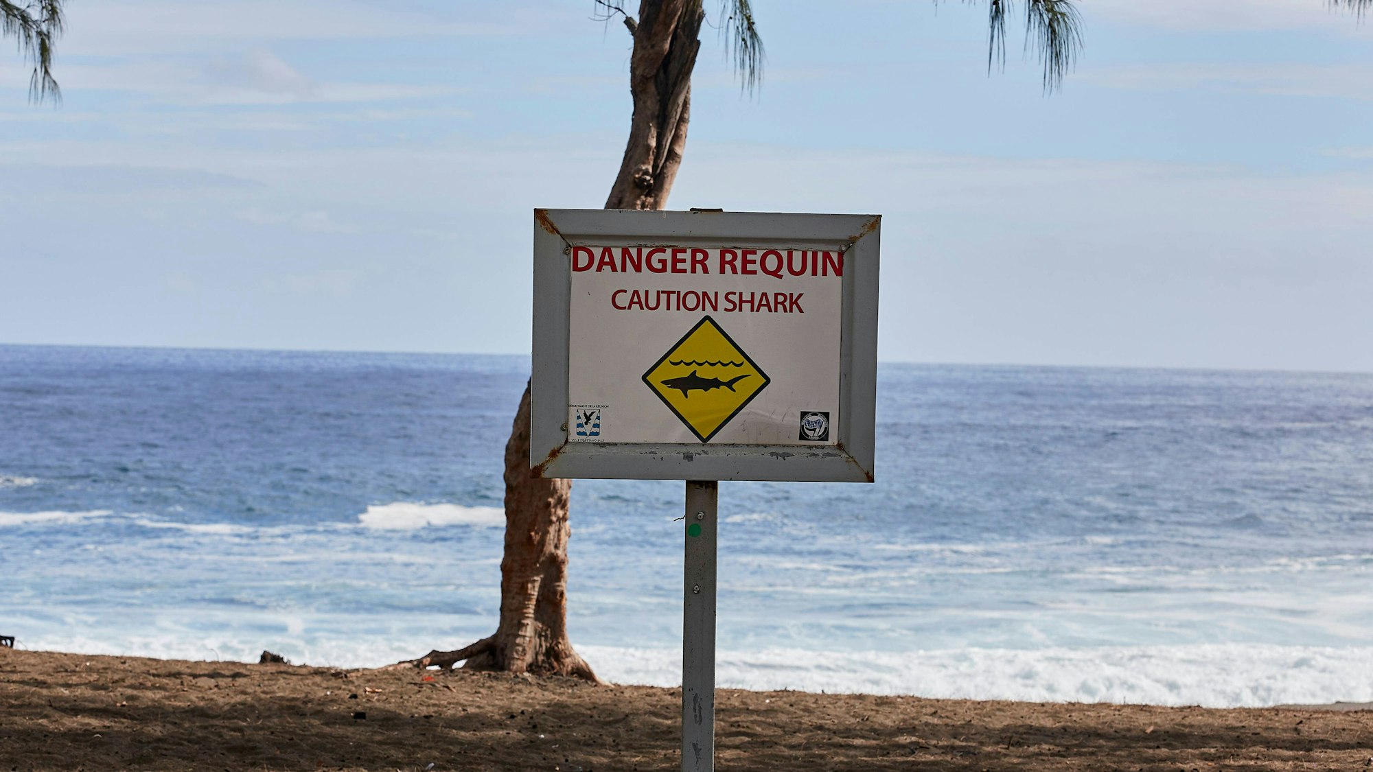 Ein Schild, das am Strand vor Haien auf der Insel La Réunion warnt.