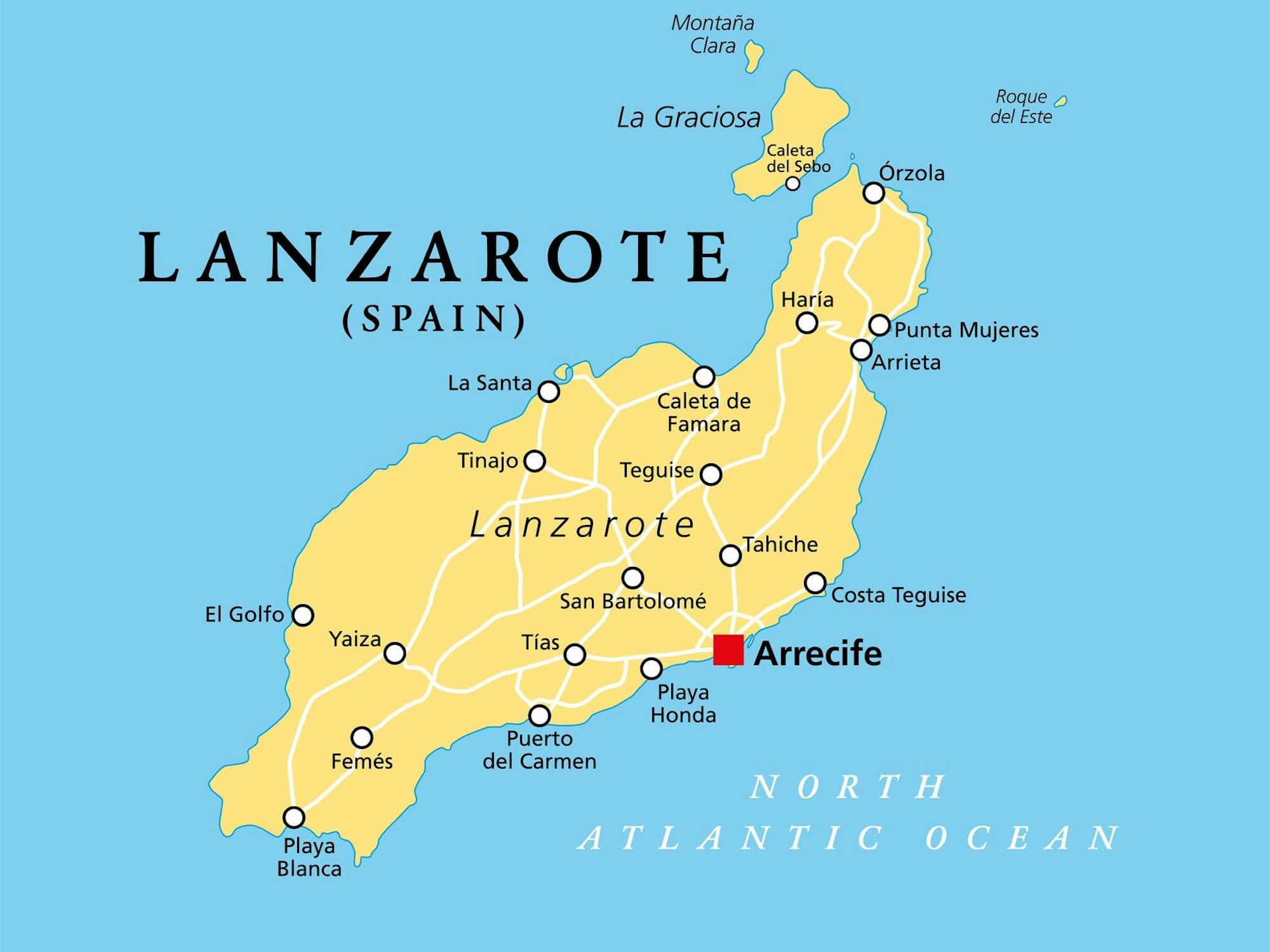 Karte von Lanzarote mit wichtigen Städten.