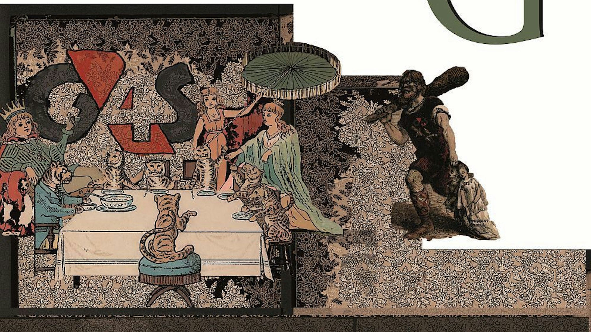 Eine Collage der Künstlerin Daniela Ortiz mit Menschen und Tigern am Esstisch.
