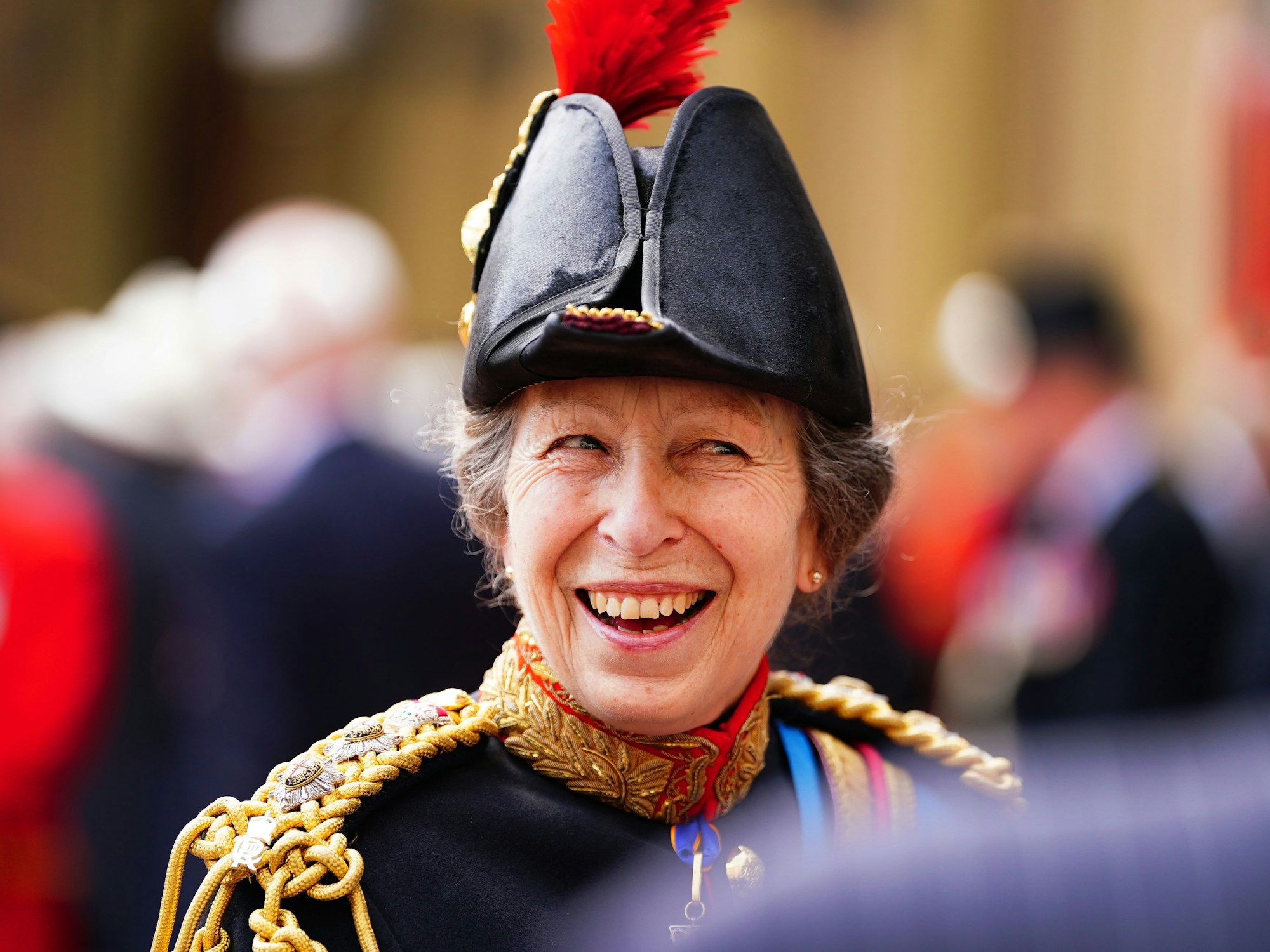 Prinzessin Anne spricht mit Gästen nach der Übergabe der neuen Sovereign's Standard an „The Blues and Royals“ während einer Zeremonie im Buckingham Palace am 15. Juni 2023.