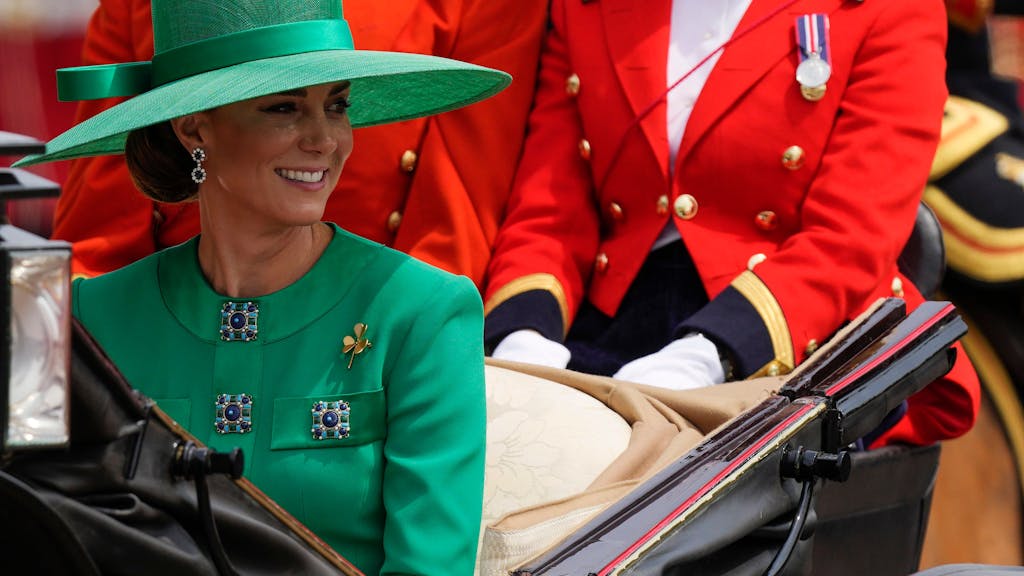 Kate, Princess of Wales, returns to Buckingham Palace after the Trooping The Colour parade, in London, Saturday, June 17, 2023. Trooping the Colour is the King's Birthday Parade and one of the nation's most impressive and iconic annual events attended by almost every member of the Royal Family.(AP Photo/Alastair Grant)
