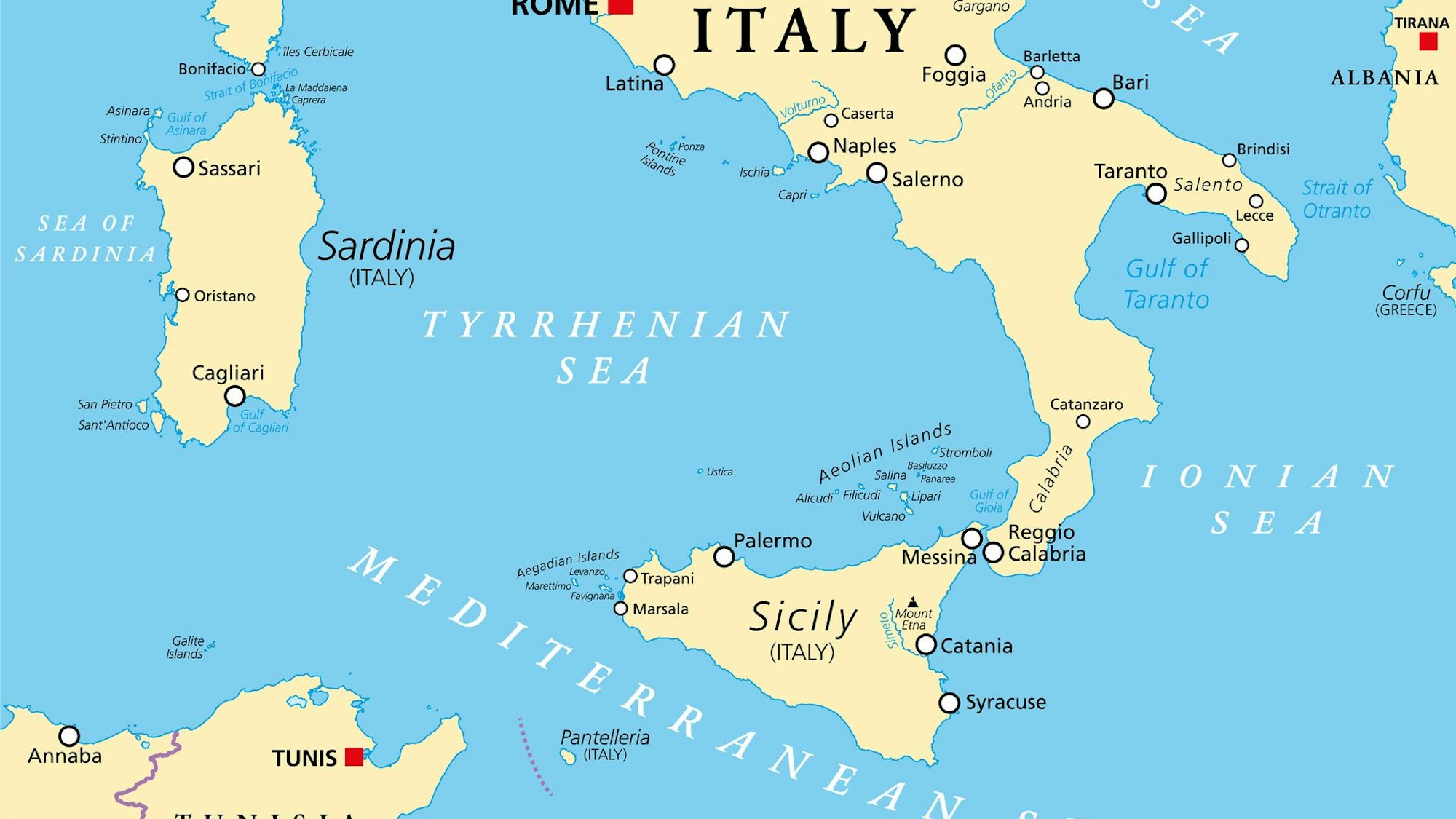 Eine Karte vom Süden Italiens mit den Inseln Sizilien und Sardinien.
