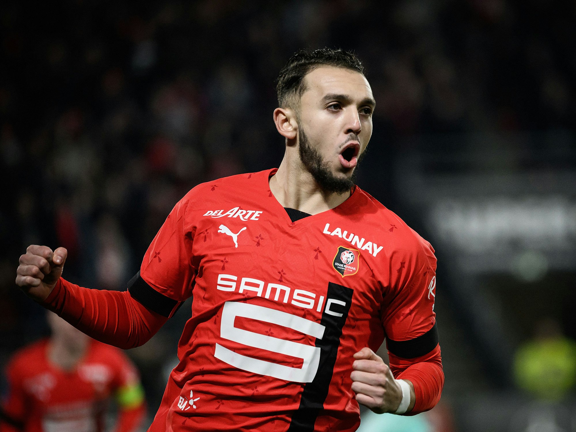 Rennes Amine Gouiri bejubelt seinen Treffer im Ligaspiel gegen Straßburg.