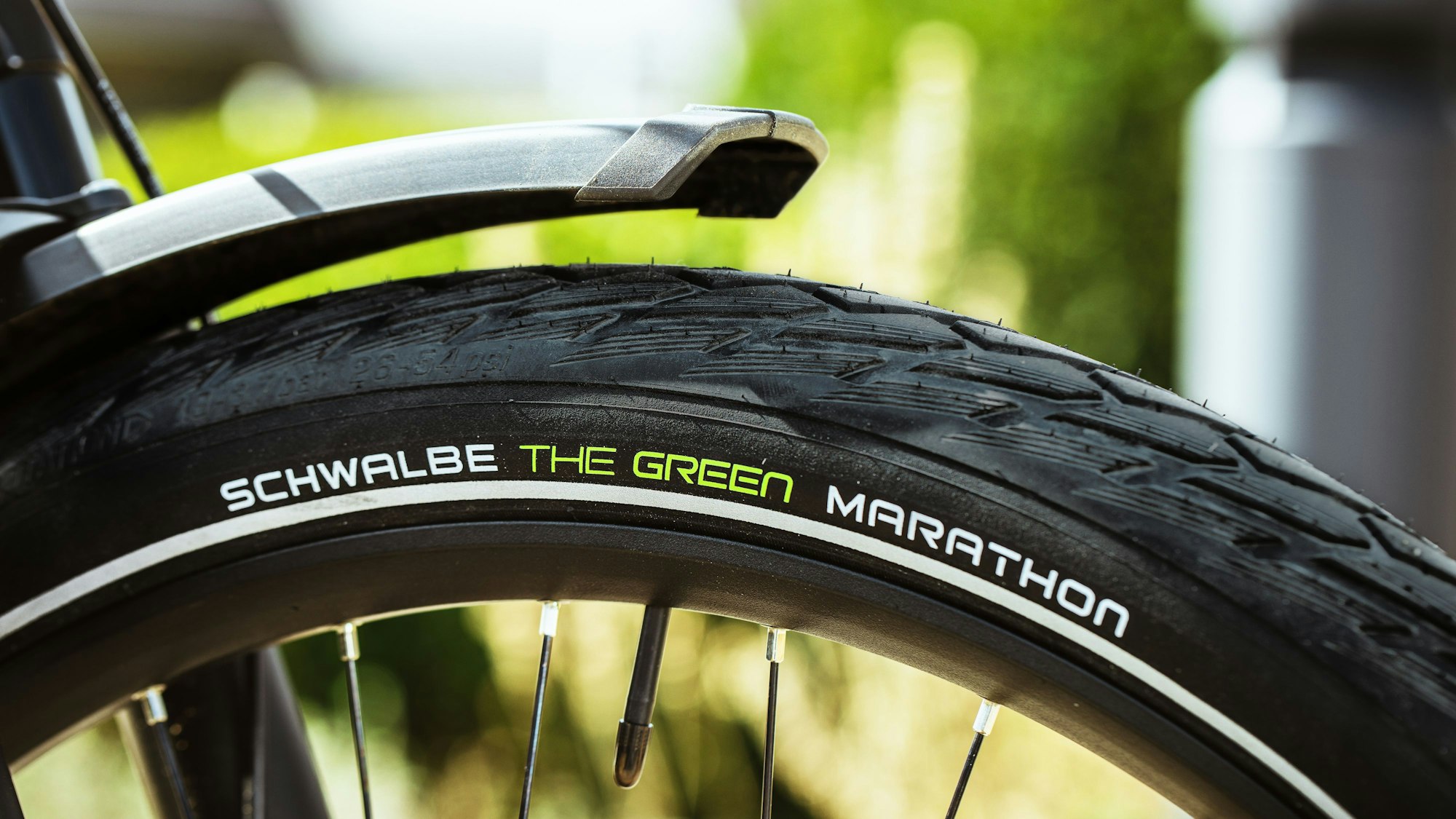Das Bild zeigt einen Fahrradreifen mit der Aufschrift „Schwalbe The Green Marathon".