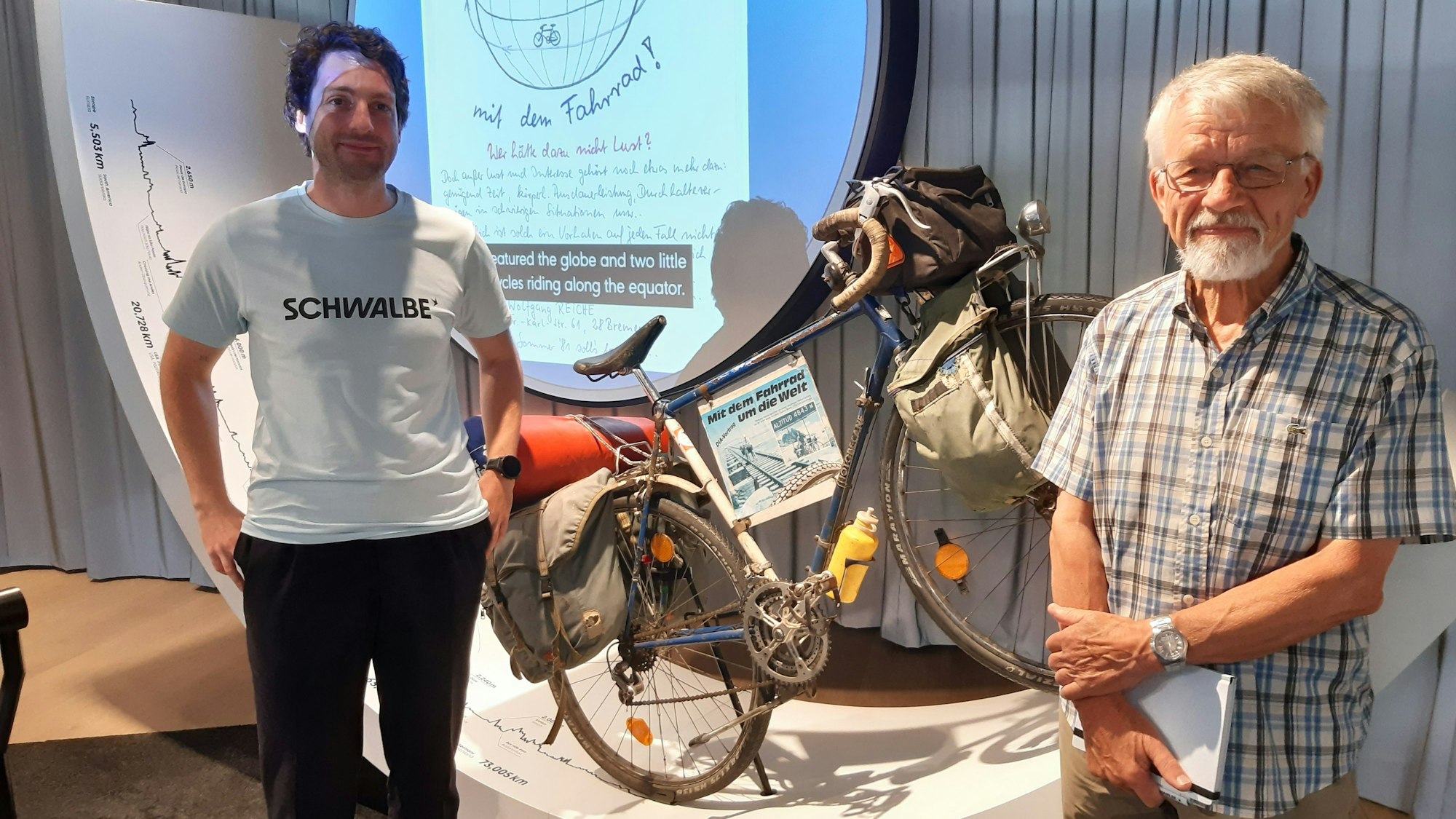 Das Bild zeigt zwei Herren vor einem als Ausstellungsstück aufgestellten alten Fahrrad mit Satteltaschen.