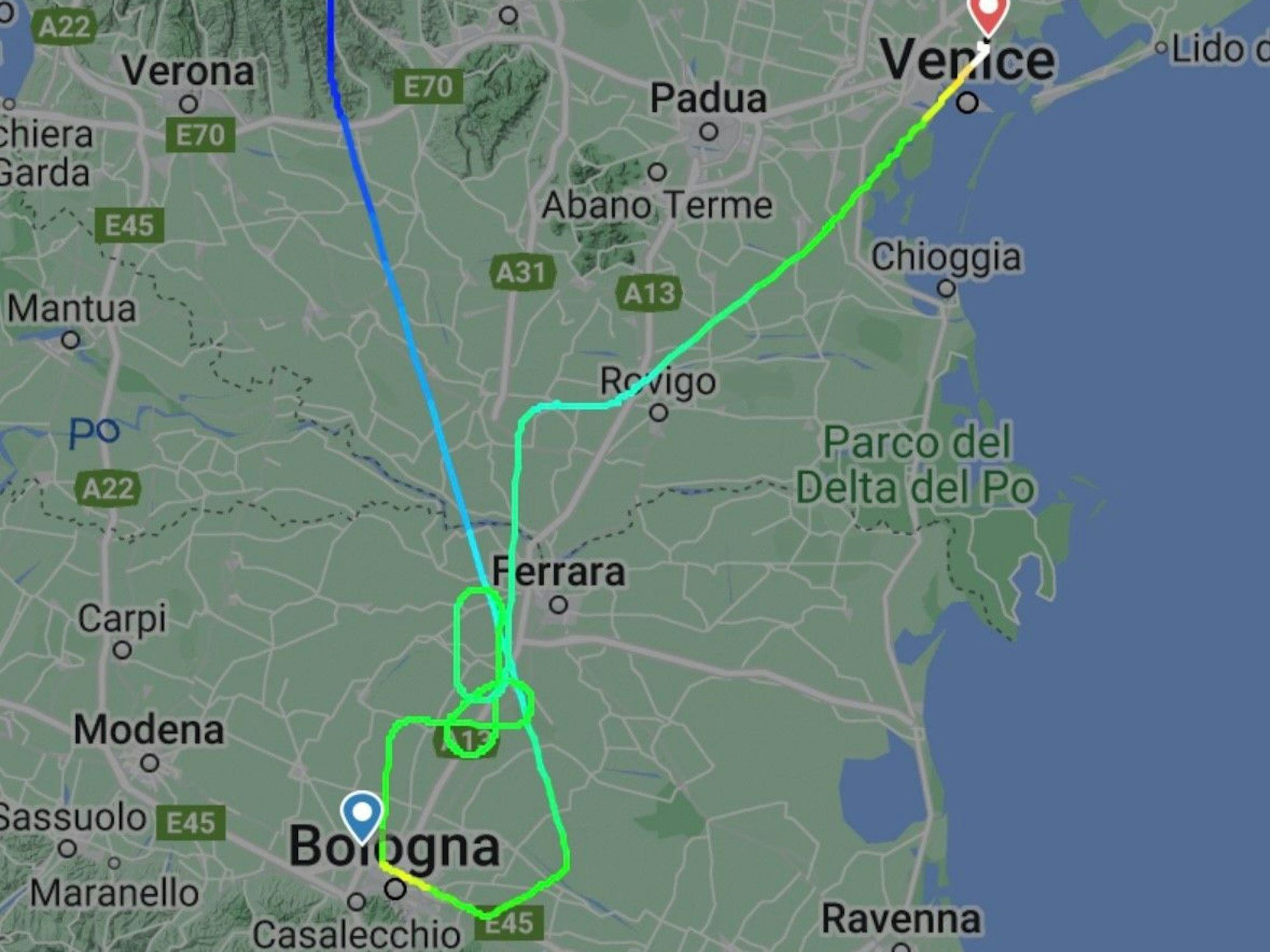 Route des Flugs EW 838 über Bologna am 23. Juni 2023