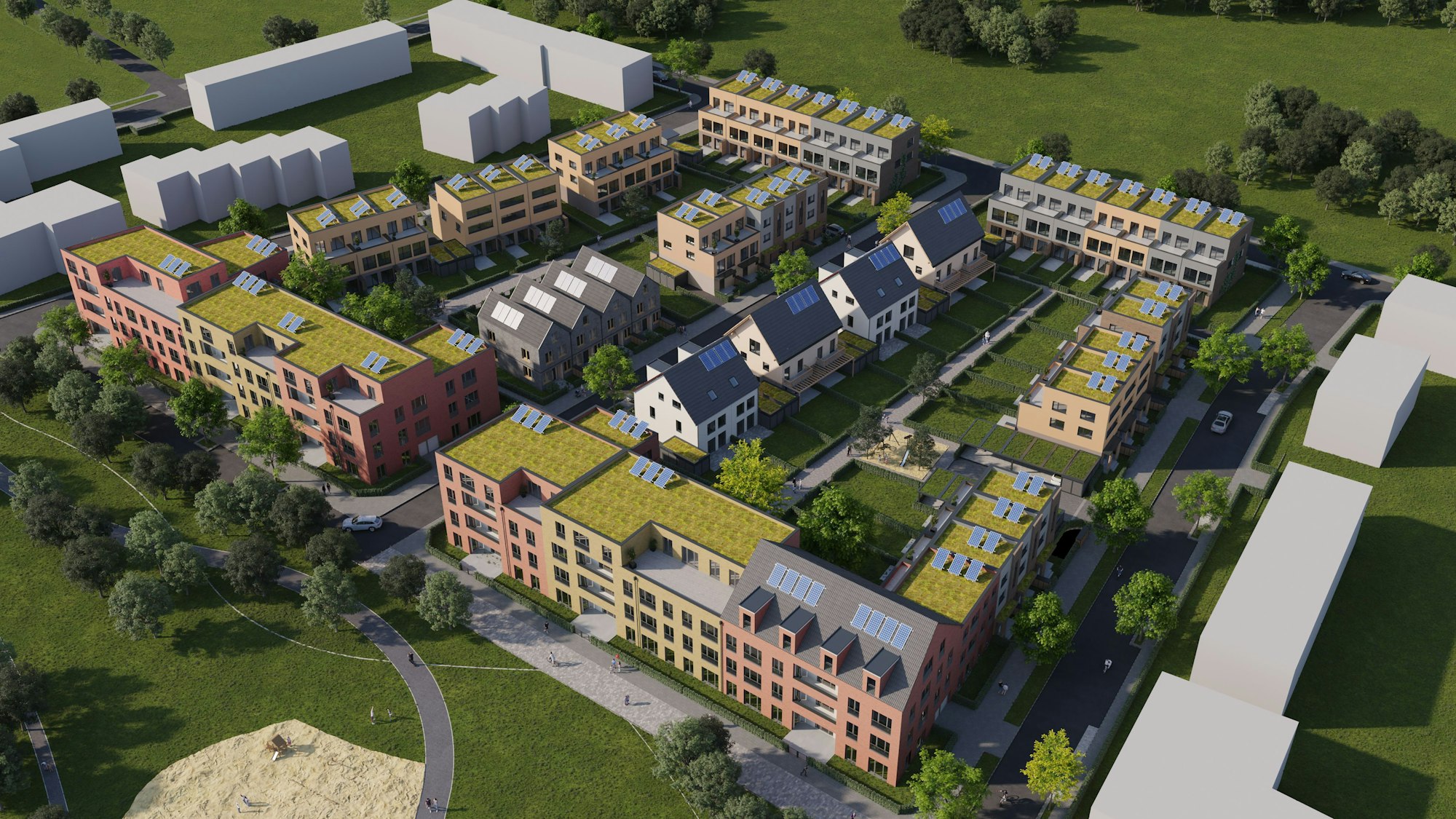 Eine Visualisierung zeigt das geplante, neue Wohngebiet Rondorf Nordwest von oben.