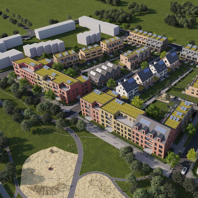 Eine Visualisierung zeigt das geplante, neue Wohngebiet Rondorf Nordwest von oben.