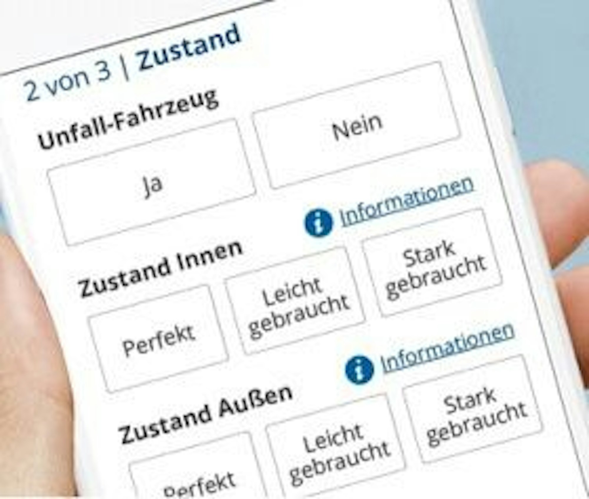 Fragebogen mit Multiple Choice Antworten auf dem Smartphone zur Online-Bewertung von Gebrauchtwagen bei wirkaufendeinauto.de.