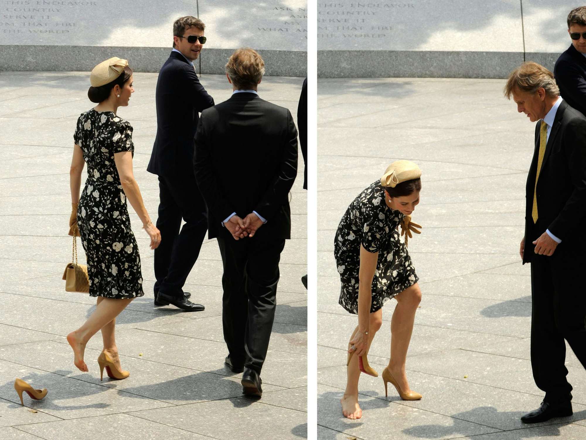 Dänemarks Kronprinzessin Mary war im Juni 2010 mit Ehemann Frederick zu Besuch in den USA. Auf dem Arlington National Friedhof blieb sie mit einem Absatz ihrer High Heels im Fundament stecken.