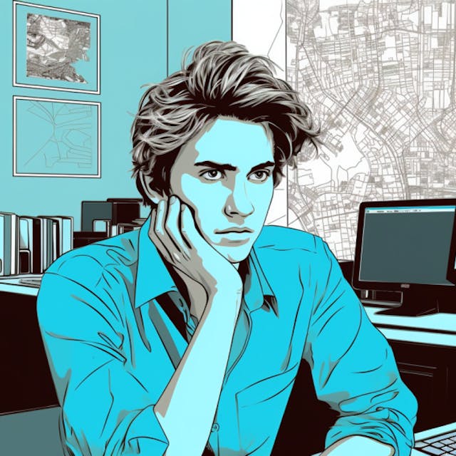 Ein nachdenklicher junger Mann sitzt in dieser Illustration an einem Schreibtisch