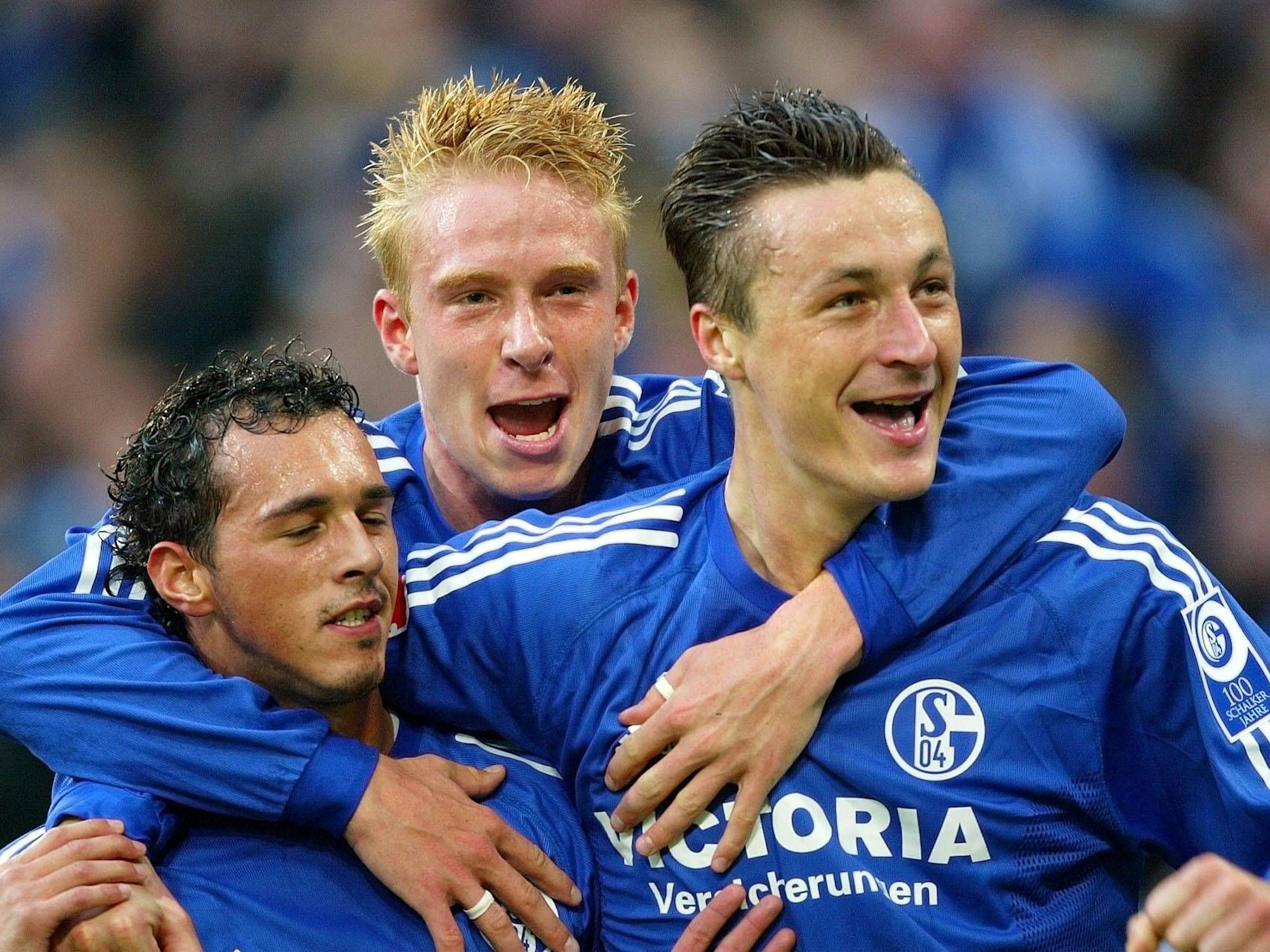 Sergio Pinto, Mike Hanke und Tomasz Hajto jubeln im Trikot des FC Schalke 04.