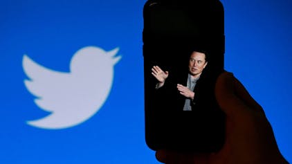 Eine Person hält ein Smartphone mit einem Foto von Twitter-Chef Elon Musk, im Hintergrund ist das Logo des sozialen Netzwerks zu sehen. Am Samstag, 1. Juli, haben hunderte Userinnen und User Ausfälle bei Twitter gemeldet.