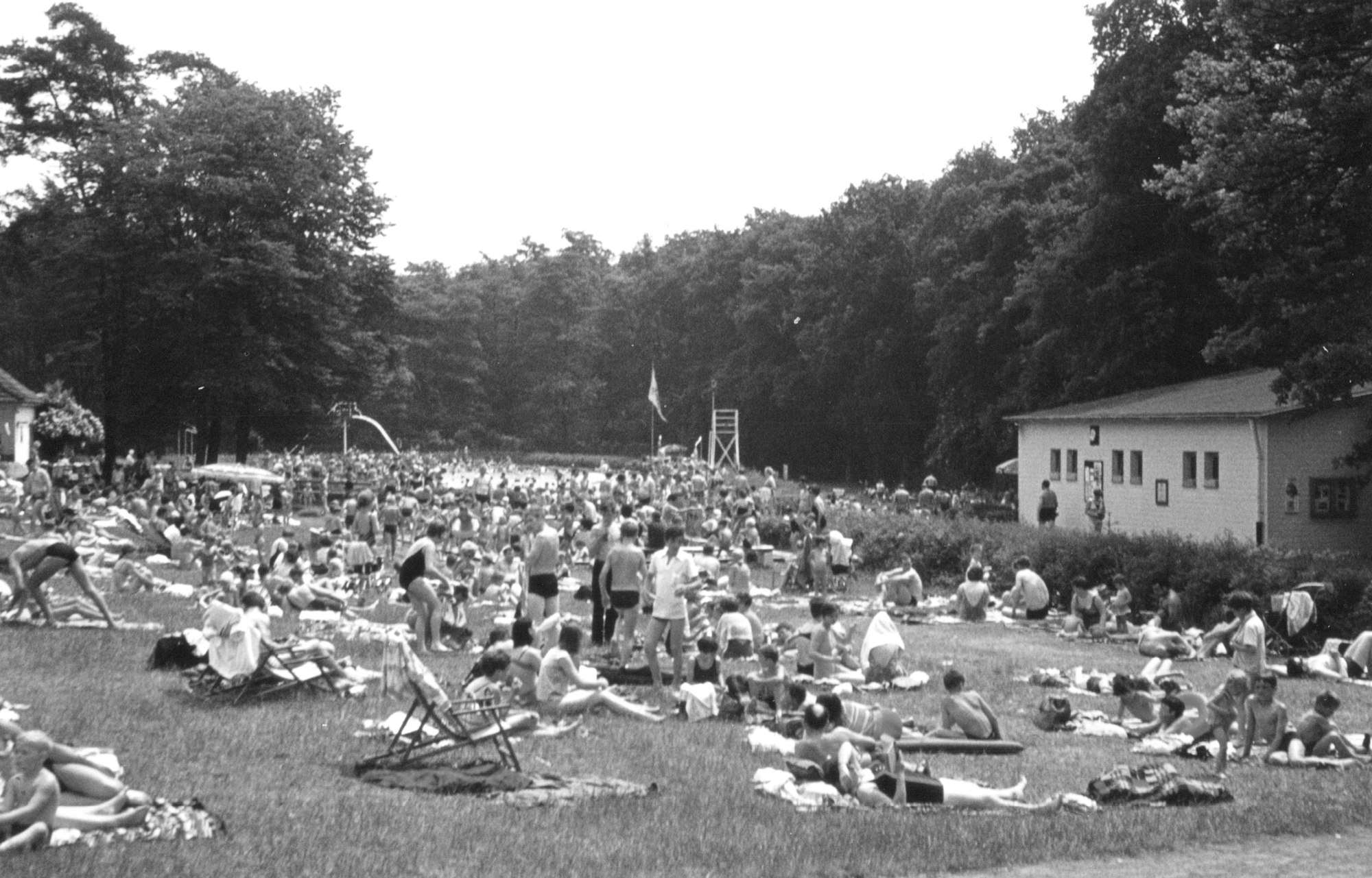 Auf einem Schwarz-Weiß-Foto ist eine große Liegewiese zu sehen, im Hintergrund ist ein Schwimmbecken erkennbar.