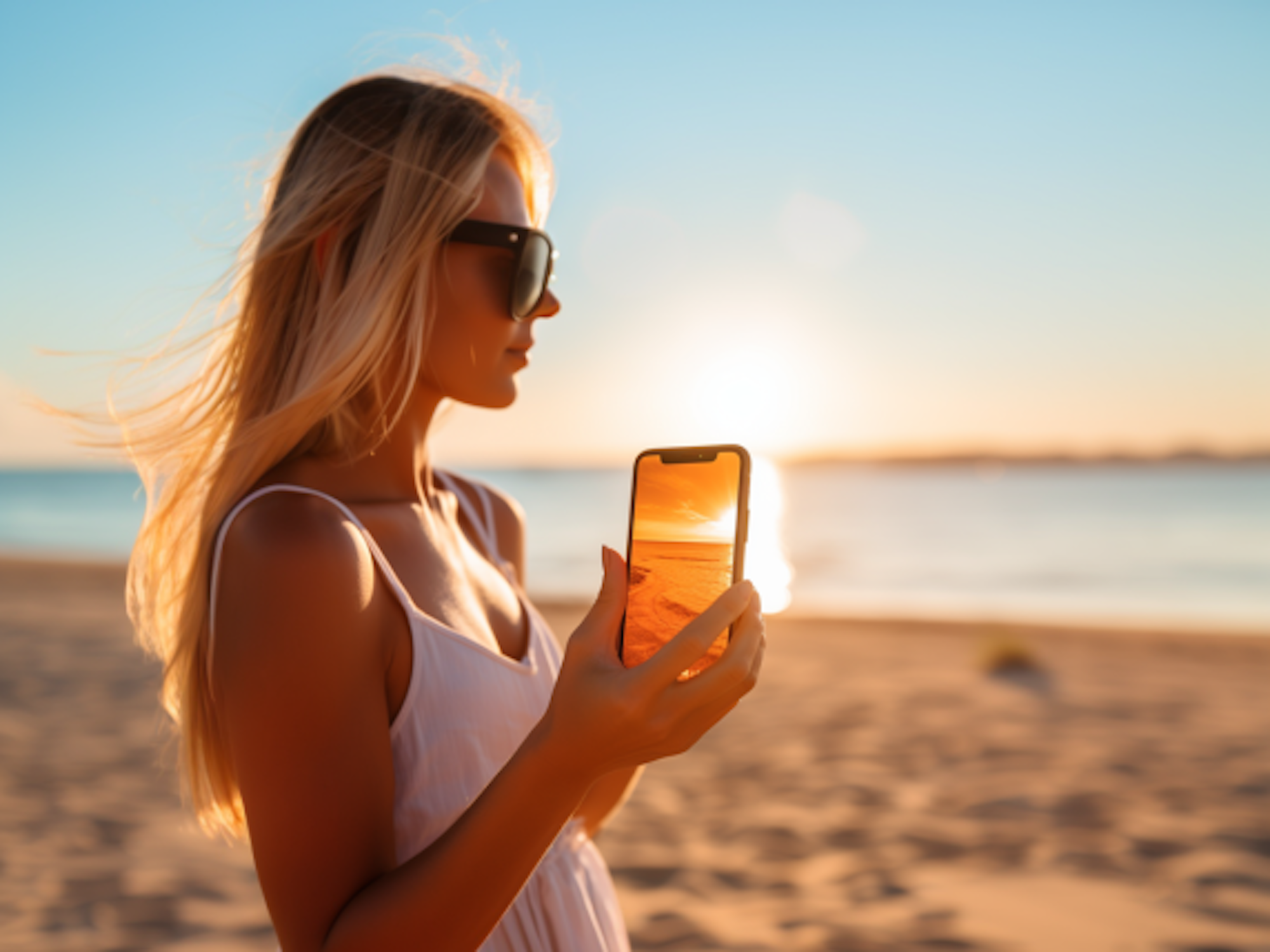 Eine Frau hält an einem heißen Strand ein iPhone in der Hand.