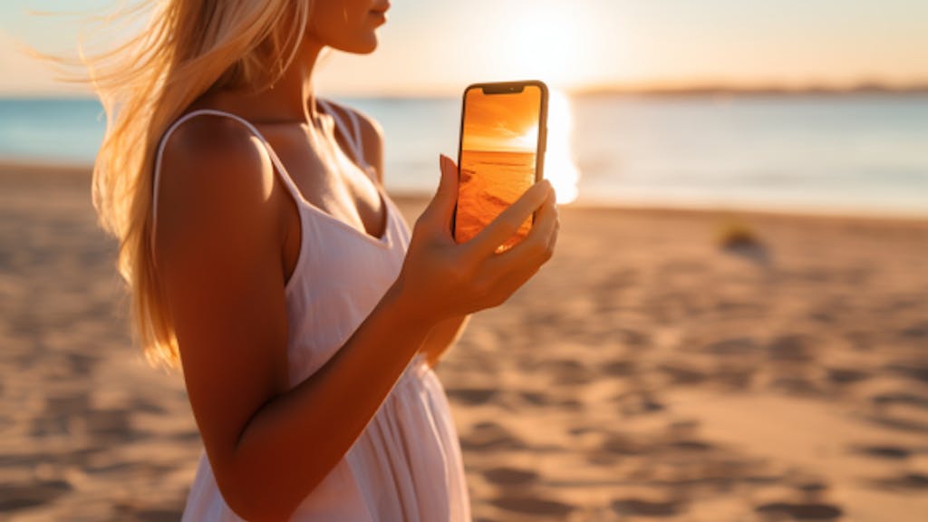 Eine Frau hält an einem heißen Strand ein iPhone in der Hand.