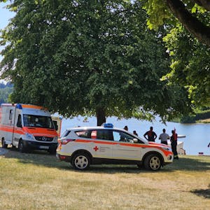 Zwei Krankenwagen stehen an einem Seeufer.