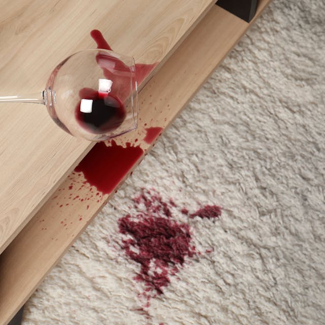 Ein verschüttetes Glas Rotwein auf weißem Teppich.