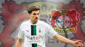 Jonas Hofmann verlässt Borussia Mönchengladbach nach siebeneinhalb Jahren und schließt sich Bayer Leverkusen an. Das Bild zeigt ihn in einer Fotomontage vor dem Logo der Werkself.