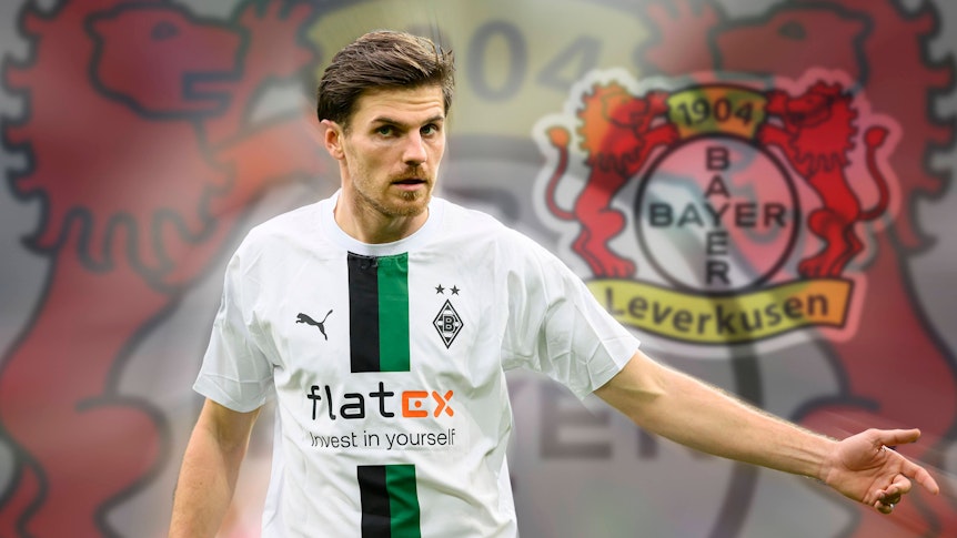 Jonas Hoffmann opuszcza Borussię Mönchengladbach po siedmiu i pół roku i przechodzi do Bayeru Leverkusen.  Zdjęcie przedstawia go nałożonego na logo Werkself.