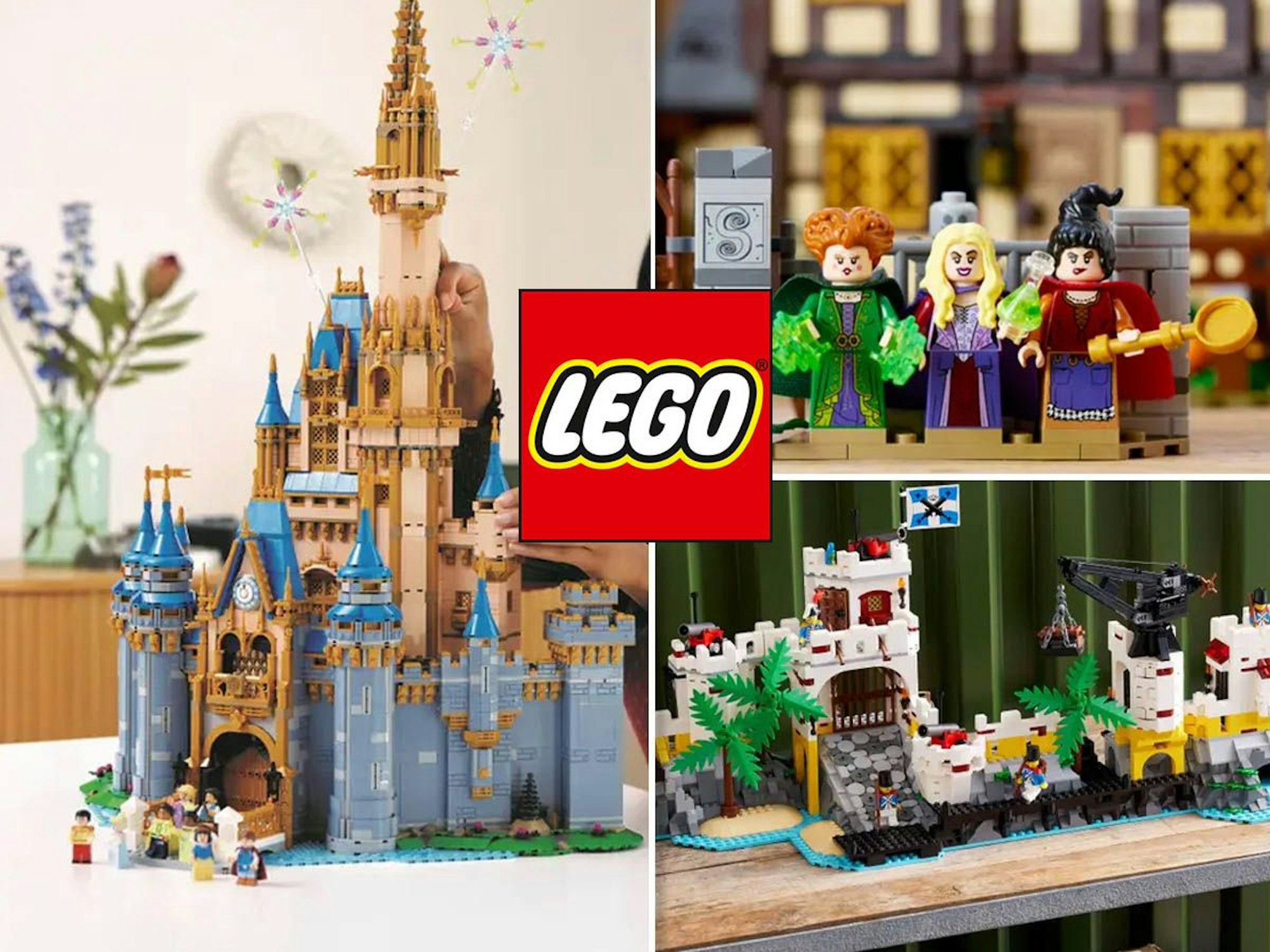 Produktbilder der Lego Neuheiten Juli 2023: Disney Schloss (43222), Hocus Pocus: das Hexenhaus der Sanderson-Schwestern (21341), Lego Icons Eldorado-Festung (10320).