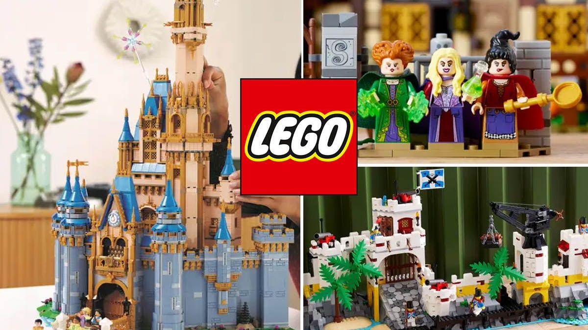 Produktbilder der Lego Neuheiten Juli 2023: Disney Schloss (43222), Hocus Pocus: das Hexenhaus der Sanderson-Schwestern (21341), Lego Icons Eldorado-Festung (10320).
