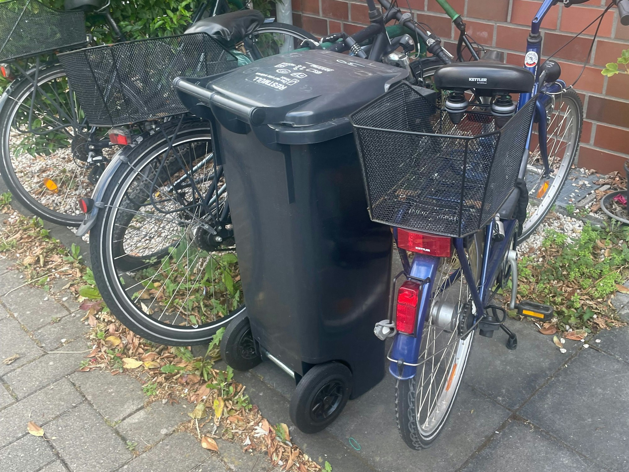 Eine Mülltonne, die zwischen Fahrrädern direkt neben einem Fußweg steht.