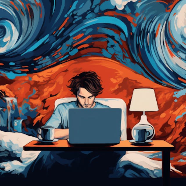 Illustration: Ein Mann sitzt vor dem Laptop.